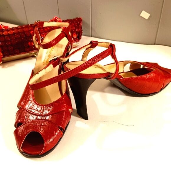 A. Gianetti Made in Italy Red Leather Croc Embossed Peep Toe Slingback S… - Picture 8 of 8